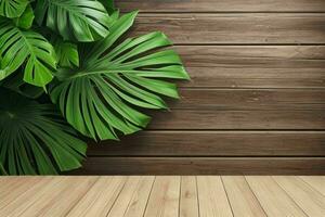 AI generated Empty wall background with tropical leaves photo