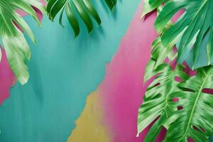 AI generated Empty wall background with tropical leaves photo