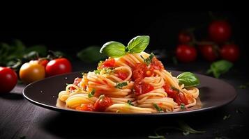 AI generated pasta with tomato sauce and basil leaves on a black background photo