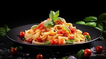 AI generated pasta with tomato sauce and basil leaves on a black background photo