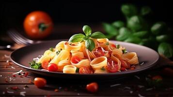 AI generated pasta with tomatoes and basil on a plate photo