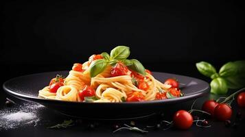 AI generated pasta with tomatoes and basil on a plate photo