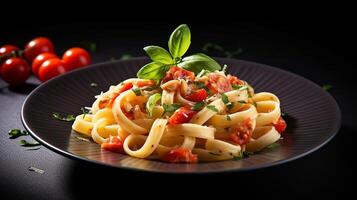 ai generado pasta con tomate salsa y albahaca hojas en un negro antecedentes foto