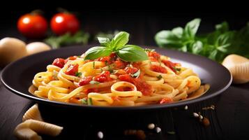 AI generated pasta with tomato sauce and basil leaves on a black background photo