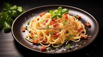 AI generated pasta with tomato sauce and basil leaves on a black background photo