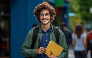 ai generado estudiante sonriente con colegio bolso y cuaderno foto