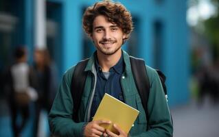 ai generado estudiante sonriente con colegio bolso y cuaderno foto