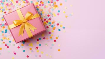 AI generated Gift box with colorful confetti on pink background, top view photo