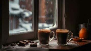 AI generated Hot chocolate on a snowy and cold winter day photo