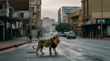 ai generado un masculino león deambula mediante un africano ciudad foto