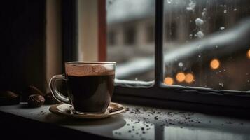 AI generated Hot chocolate on a snowy and cold winter day photo