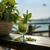 AI generated Thai Basil Daiquiri. cocktail with ice, Basil and lemon slices. cocktail at the bar. Bask in the warm afternoon sun. The backdrop is a calm sea with a bokeh effect. photo