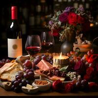 ai generado romántico ambiente de un San Valentín día mesa decoración. queso, uvas, almendra, rojo vino, velas como decoración. elegante Boda otoño acuerdo, hermosa ajuste para un romántico almuerzo. foto