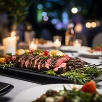 AI generated Juicy Skirt steak in addition with a vegetable garnish. as close-up on a plate photo