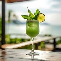 AI generated Thai Basil Daiquiri. cocktail with ice, Basil and lemon slices. cocktail at the bar. Bask in the warm afternoon sun. The backdrop is a calm sea with a bokeh effect. photo