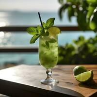 ai generado tailandés albahaca daiquirí. cóctel con hielo, albahaca y limón rebanadas cóctel a el bar. disfrutar en el calentar tarde Dom. el fondo es un calma mar con un bokeh efecto. foto