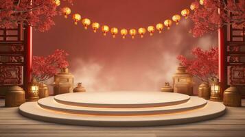 AI generated empty podium mockup in a Chinese New Year theme photo