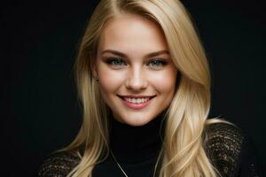 AI Generated Portrait beautiful blonde model woman with white teeth smile, healthy long hair and beauty skin on black background. Concept of advertising dentist and facial care. Generative AI photo