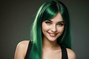 AI Generated Portrait beautiful green hair and eyes model woman with white teeth smile, healthy long hair and beauty skin on dark background. Concept of advertising dentist and facial care. Generative photo