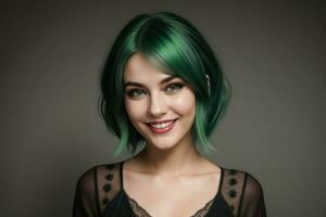 AI Generated Portrait beautiful green hair and eyes model woman with white teeth smile, healthy long hair and beauty skin on dark background. Concept of advertising dentist and facial care. Generative photo