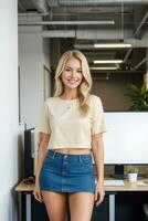 AI Generated Smiling pretty young blond sexy woman in miniskirt standing in bright modern office. Generative AI photo