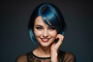 AI Generated Portrait beautiful blue hair and eyes model woman with white teeth smile, healthy long hair and beauty skin on dark background. Concept of advertising dentist and facial care. Generative photo