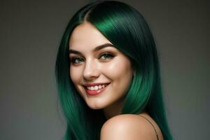 AI Generated Portrait beautiful green hair and eyes model woman with white teeth smile, healthy long hair and beauty skin on dark background. Concept of advertising dentist and facial care. Generative photo