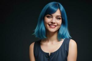 AI Generated Portrait beautiful blue hair and eyes model woman with white teeth smile, healthy long hair and beauty skin on dark background. Concept of advertising dentist and facial care. Generative photo