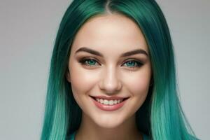 AI Generated Portrait beautiful green hair and eyes model woman with white teeth smile, healthy long hair and beauty skin. Concept of advertising dentist and facial care. Generative AI photo