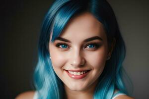 AI Generated Portrait beautiful blue hair and eyes young model woman with white teeth smile, healthy long hair and beauty skin. Concept of advertising dentist and facial care. Generative AI photo