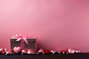 AI generated Valentines Day glitter gift box with pink and red hearts on pink background photo