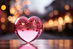 AI generated Valentines pink glass heart on bokeh background photo