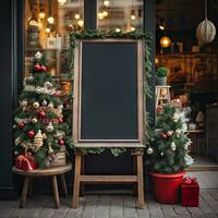 ai generado pizarra firmar Bosquejo estilo en frente de el Tienda en Navidad atmósfera foto