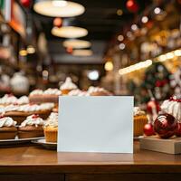 AI generated White miniature sign mockup at bakery shop in Christmas atmosphere photo