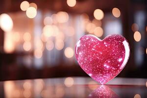 AI generated Valentines pink glass heart on bokeh background photo