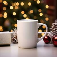 AI generated White mug mockup style with Christmas decoration on bokeh background photo