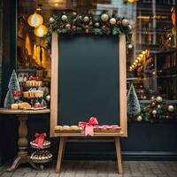 ai generado pizarra firmar Bosquejo estilo en frente de el Tienda en Navidad atmósfera foto