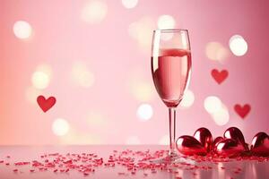 AI generated Valentines Day rose champagne with pink hearts on pink bokeh background photo