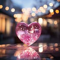 AI generated Valentines pink glass heart on bokeh background photo