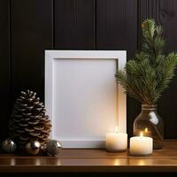 AI generated White Photo frame mockup style on wooden table with Christmas decoration