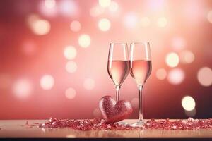 AI generated Valentines Day rose champagne with pink hearts on pink bokeh background photo