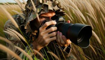 ai generado un fauna silvestre fotógrafo camuflado en el alto césped, esperando para el Perfecto disparo. generativo ai foto