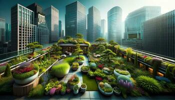 AI generated A roof garden in a vibrant city, where nature and modernization contrast. Generative AI photo