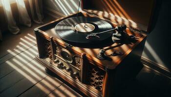 AI generated An old record player spinning a vintage vinyl in soft light. Generative AI photo