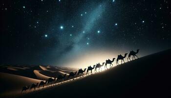 AI generated A camel caravan silhouetted against a starry desert sky. Generative AI photo