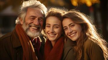 ai generado Tres generaciones frente a el cámara, abrazando calurosamente generativo ai foto