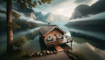 AI generated Rustic wooden cabin located on the edge of a tranquil lake. Generative AI photo