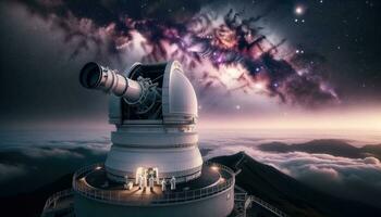 AI generated Scientists looking into vast space through large telescope at Observatory. Generative AI photo