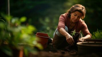 ai generado mujer plantando plantas en un jardín rodeado por verdor. generativo ai foto