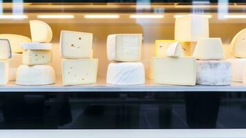 AI generated Cheese displayed in a glass case, showcasing its variety and freshness. Generative AI photo